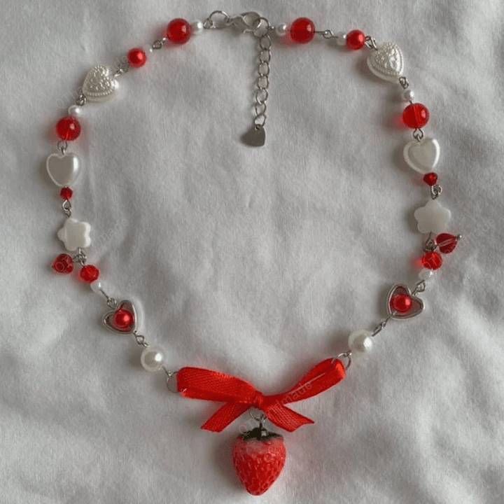 Handmade Y2k Strawberry Ribbon Necklace Coquette Style Pearl Necklace/Inspired Necklace cosplay ,Fairy Coquette y2k ,Pixie Choker Necklace