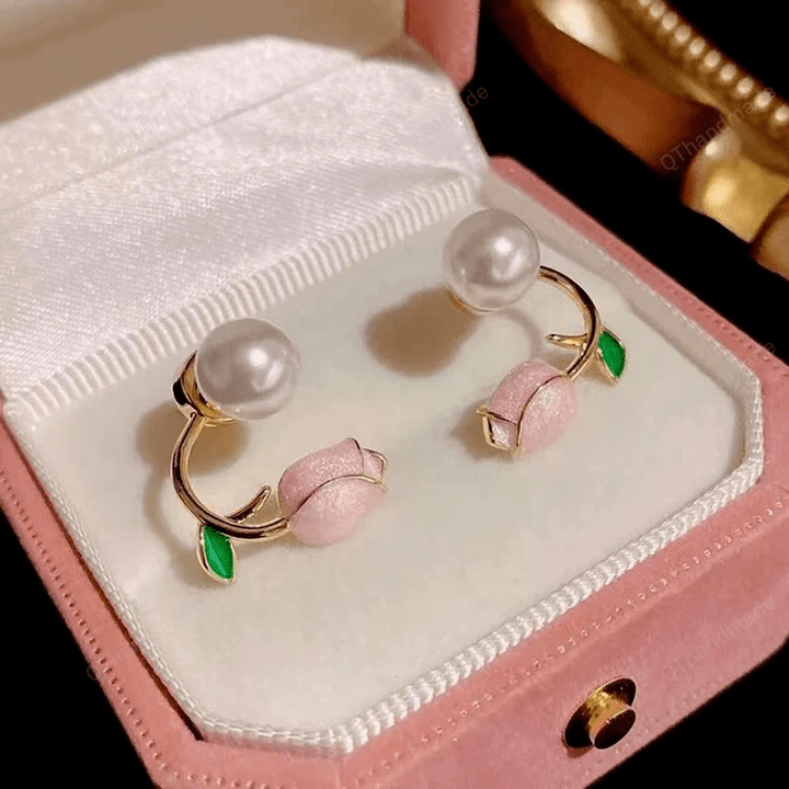Gold Pearl Pink Tulip Stud Earrings For Women, Fashion Tulip Flower Earrings, Elegant Wedding Party Jewelry Accessories, Gift For Her