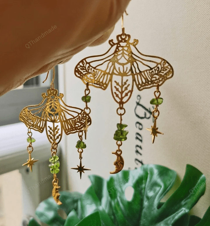 Moth Butterfly Moon Star Earrings, Peridot Gemstone Dangle Earrings, Moon Wanderlust Jewelry, Hypoallergenic Boho Witchy Gypsy Earrings