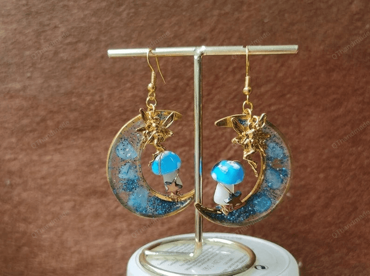 Sea Blue Mushroom Crescent Moon Dangle Earrings, Fairy Woodland Earrings, Blue Mushroom Aquamarine Moon Drop Shrooms Earrings, Jewelry Gift