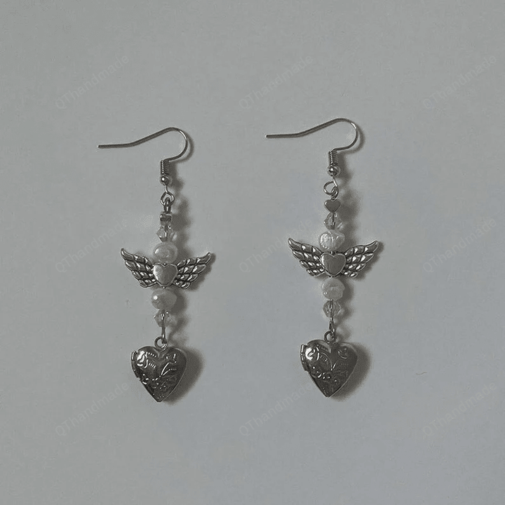 Fairy Wings Heart Pearl Tale Earrings, Y2K Garbage Independent Earrings, Witchcraft Celestial Gothic Jewelry, Women Jewelry Gift
