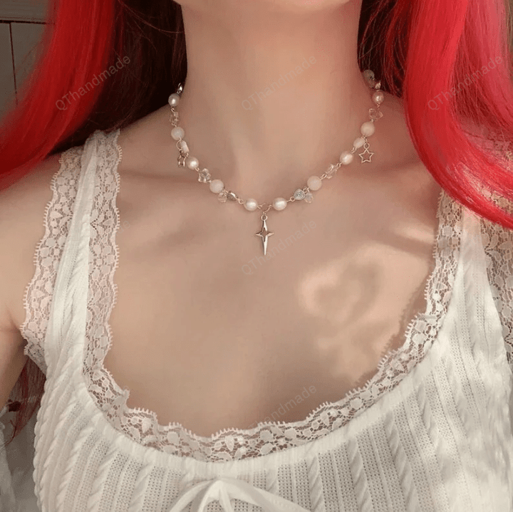 White Angels Heart Stars Choker Necklace Y2k/Handmade Fairy Fairycore Necklaces/Y2K Cottagecore Accessories/Anime Kpop Angel/Y2K Clothing