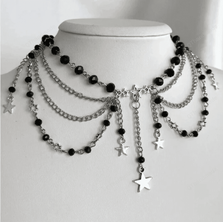 Goth Pentagram Fairycore Beaded Rosary Chain Necklace Pagan Y2K/Fairy Fairycore Necklaces/Wanderlust Y2K Cottagecore Accessories/Bestie gift