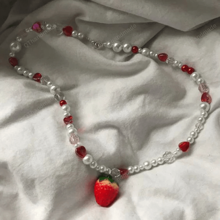 Sweet Romantic Pearl Strawberry Necklace For Women/ Crystal Fairy Necklaces/ Elegant Necklace/ Gift For Her/ y2k Handmade Necklace