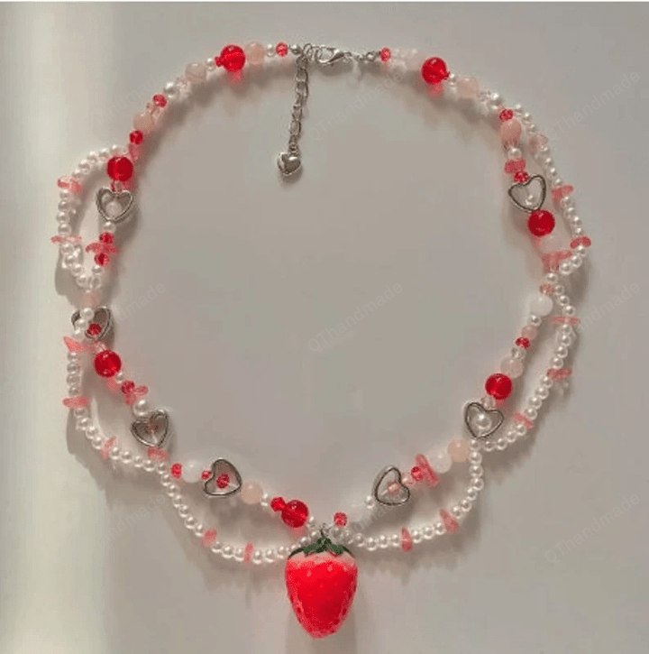 Strawberry Necklace/ Beautiful Glass Beaded Necklace/ Handmade Jewelry/ Elegant Necklace/ Gift For Her/ Y2K Necklace / Fashion Accessories