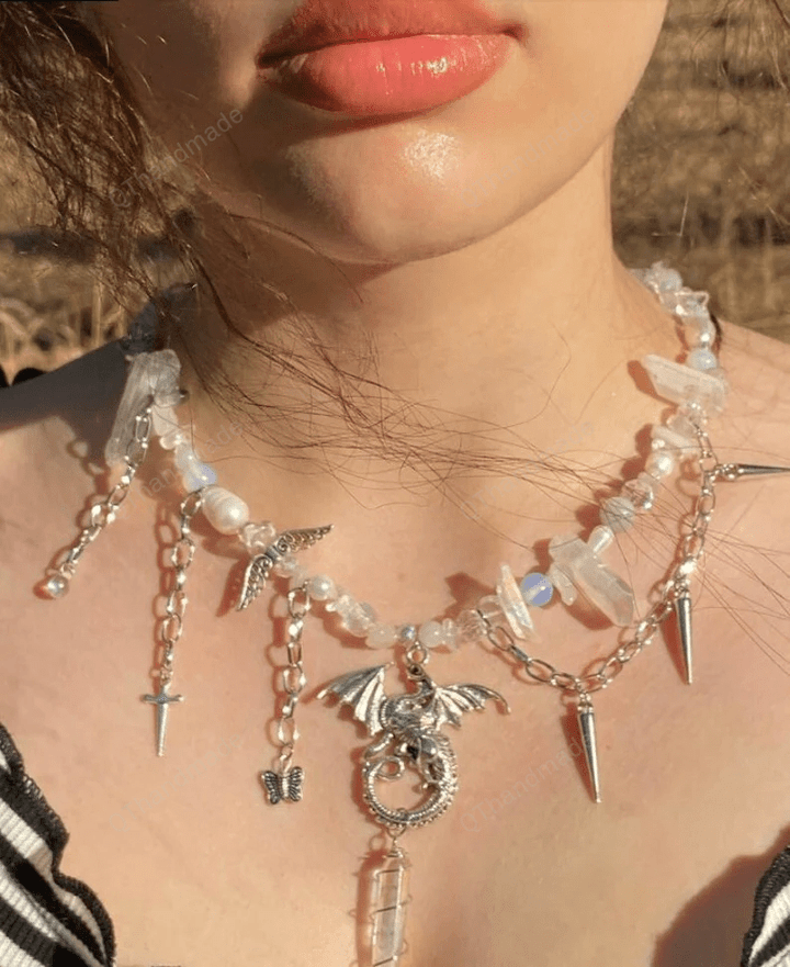 White Dragon Necklace, White Crystal Necklace, Fairy Necklace, Bohemian Style/Handmade Jewelry/Gift For Her/ Y2K Necklace Accessories