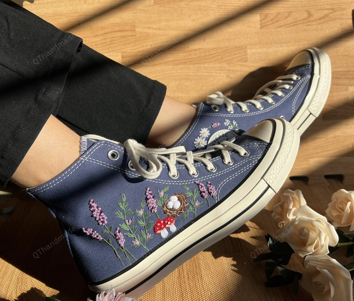 Embroidered converse/Converse High Tops Garden Of Chrysanthemums, Dandelions, Butterflies and Ladybugs/Embroidered Sneakers/Gifts For Her