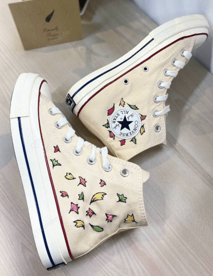 Flowers Embroidered Converse/ Custom Hand Embroidery Shoes/ Nick & Charlie Leaves Embroidery Classic High Top Converse/ personalized gift