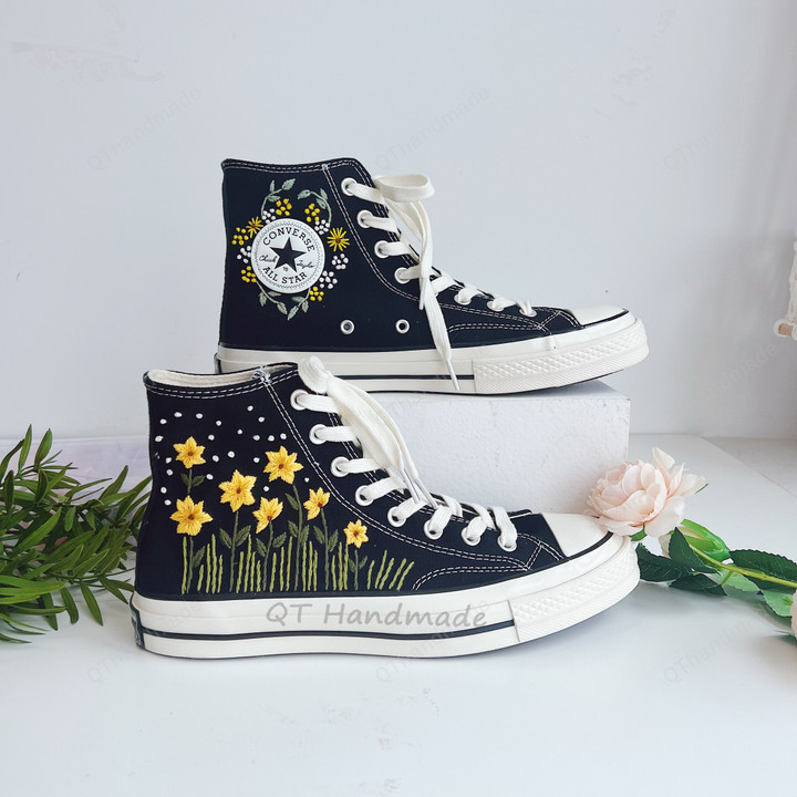 Sunflower Embroidery Converse - Brilliant Sunflowers Embroidered Converse - Converse Chuck Taylor High Top - Floral Natural Shoes