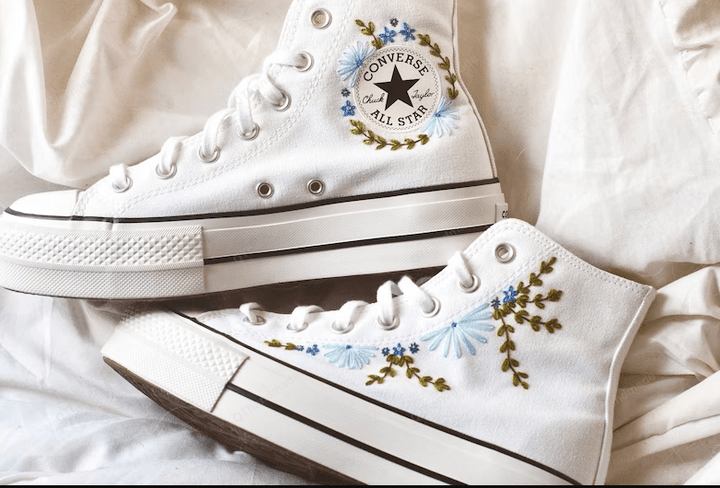 Blue Flowers Bridal Embroidered Platform Converse | Wedding Shoes | Shoes for A Bride | Embroidered Bride Shoes
