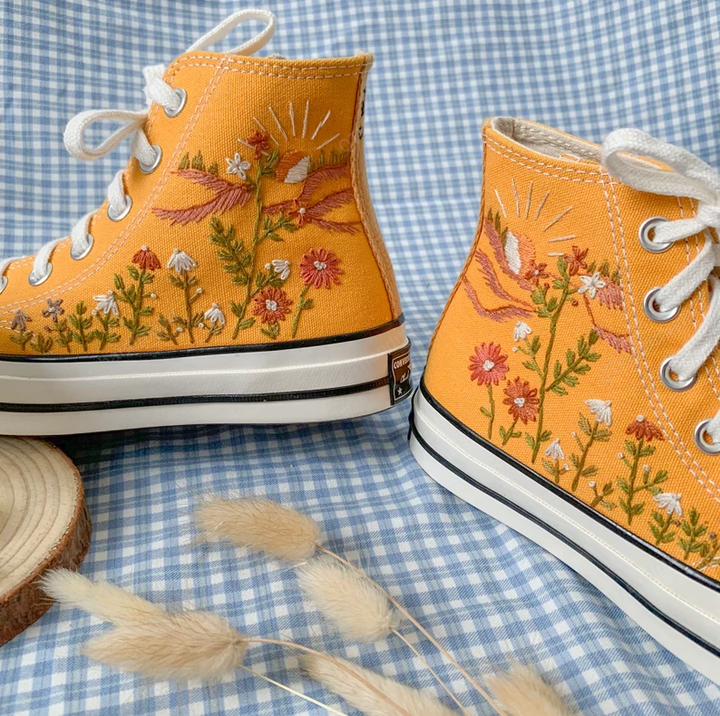 Converse High Tops Brilliant Orange Flower Garden/ Converse Custom Flower Embroidery/ Wedding Converse Shoes/ Custom Converse Platform