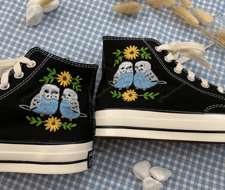 Embroidered converse/ Converse Custom Pair Of Pigeons Embroidery /Wedding Converse Shoes Embroidery Logo/ Wedding Converse Shoes/ Custom Converse Platform