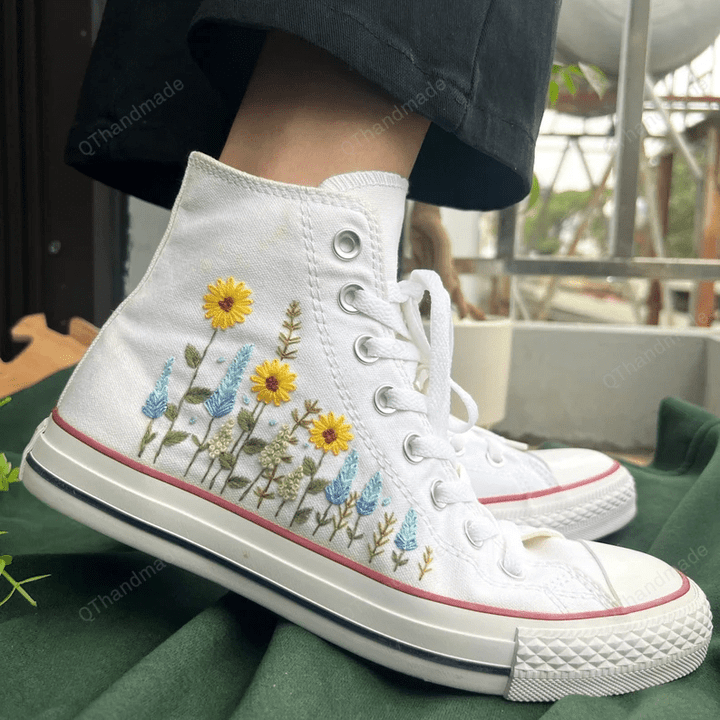 Converse Hi Tops Sunflower and Blue Lavender / Wedding Converse Shoes/ Custom Converse Chuck Taylor 1970s Embroidery Logo