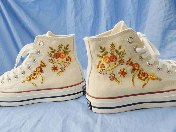 Converse Custom Flower Embroidery/ Burnt Orange/ Custom Converse Chuck Taylor 1970s Embroidery Logo