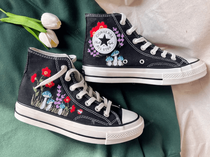 Converse High Tops Chuck Taylor 1970s Green Mushrooms And Brilliant Flower Gardens/ Embroidered Sneakers Chuck Taylor 1970s Flower Converse/ Converse High Tops