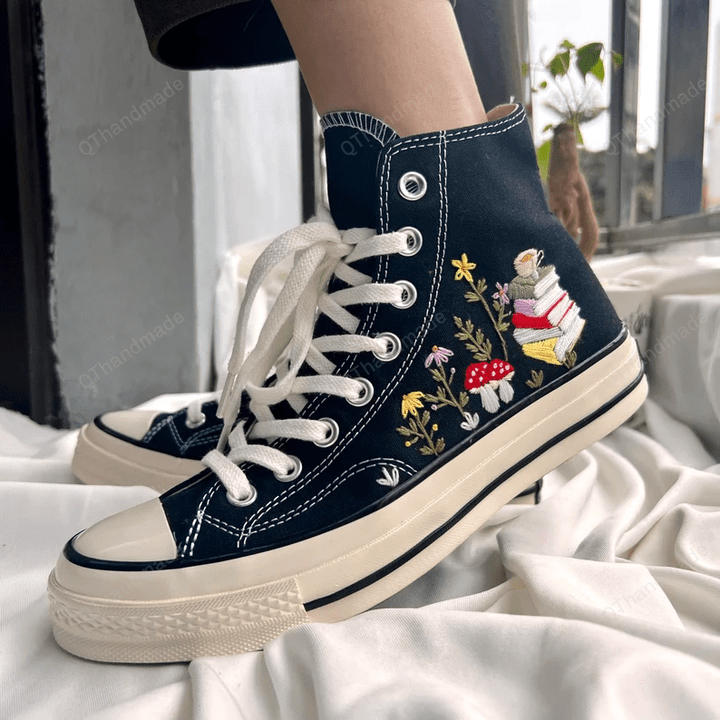 Embroidered Sneakers Mushroom Flower Forest And Stack Of Books/ Embroidered Sneakers Chuck Taylor 1970s Flower Converse/ Converse High Tops