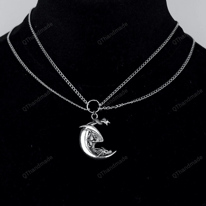 Pagan Dragon Crescent Moon Snake Choker Necklace Goth Layered Chain Necklace for women/Neck Chains/Gift For Her/Y2K Necklace Accessories