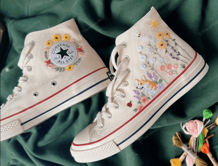 Embroidered Converse High Tops Butterfly And Sweet Sunflower Garden/ Cute Dog Embroidered Sneakers Chuck Taylor 1970s Flower Converse/ Converse High Tops 1970s