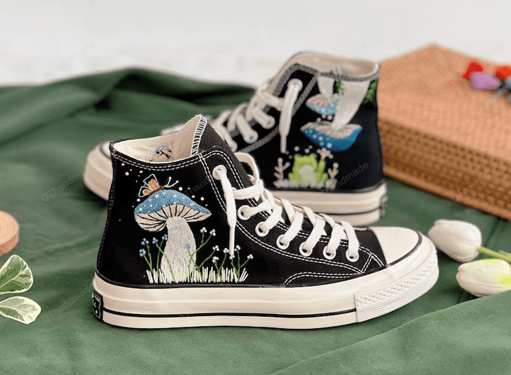 Embroidered Blue Mushrooms, Monarch Butterflies And Wildflowers Converse High Tops Chuck Taylor 1970s, Mushroom Converse