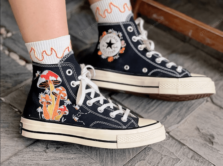 Embroidered Cluster Of Colorful Mushrooms And Bees Converse High Tops, Mushroom Converse