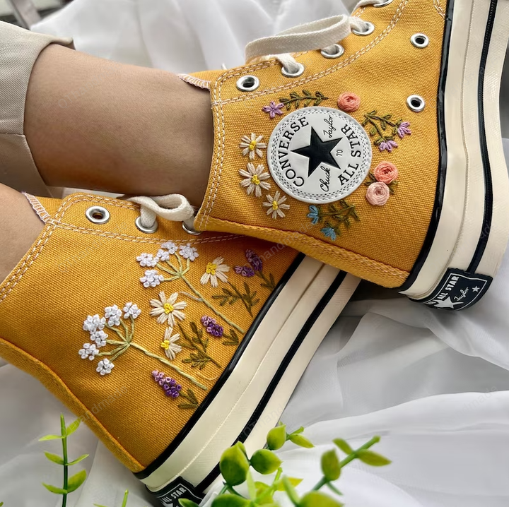 Embroidered Sweet Daisy And Lavender Garden Converse High Tops, Daisy and Lavender Flowers Converse For Wedding