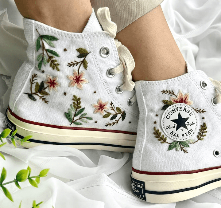 Embroidered Pink Rose Flower And Leaves Converse High Tops, Pink Rose Flowers Converse For Wedding