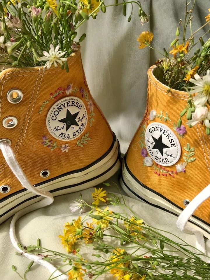 Custom Converse Chuck Taylor 1970s Floral Embroidery Shoes, Embroidery Flowers Leaf Shoes, Custom Name Converse Shoes, Embroidered Flowers Converse Shoes