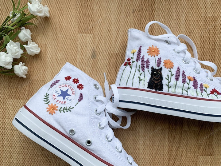 Custom Embroidered Flower Converse/Custom Pet/Flower Converse/Custom Converse Sweet Cat And Flower Garden/Converse High Tops/Mommy And Me Outfits