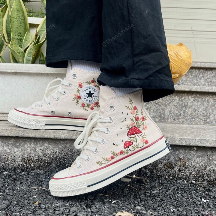 Embroidery Mush Flower Converse High Tops/Mushroom Converse/Flower Converse/Logo Mushroom/ Custom Embroidered Kawaii Mushroom And Rose/Gift For Her