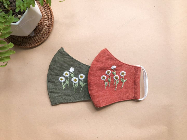 Daisy Orange and Green Embroidered Linen Face Mask/Embroidery Washable Reusable Breathable Three layers Face/Unisex Adult Face Mask