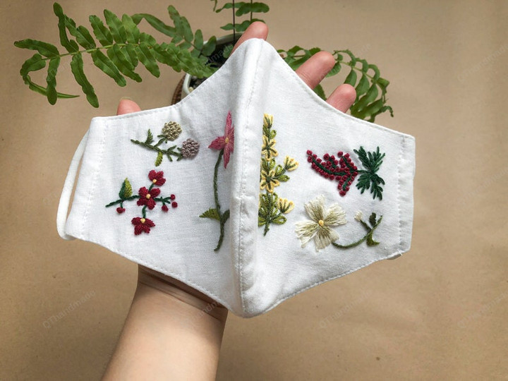 Luxury 2 sided Floral Embroidered Linen Face Mask/Embroidery Washable Reusable Breathable Three layers Face/Unisex Adult Face Mask