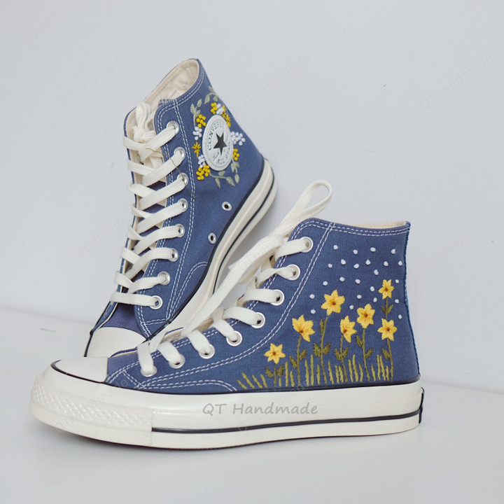 Sunflower Embroidery Converse - Flowers Embroidered Converse - Converse Chuck Taylor High Top - Floral Natural Shoes