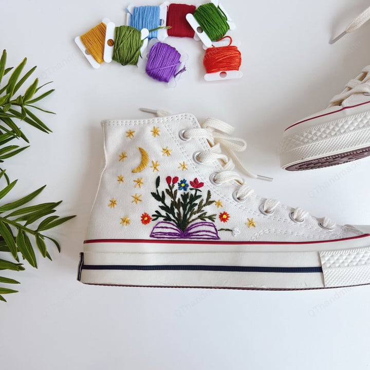 Books Flowers Embroidery Converse Classic High Top Converse - Flowers Embroidered Converse - Custom Hand Embroidery Converse