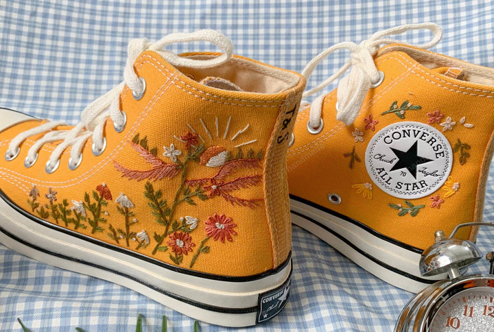 Converse High Tops Brilliant Orange Flower Garden/ Embroidered Sneakers Wedding Flowers/ custom Converse Chuck Taylor 1970s Gift For Her