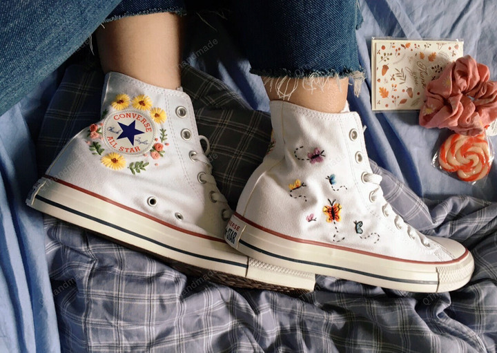 Converse Custom Embroidered Flowers and Butterfly/ Embroidered Sneakers Wedding SunFlowers/ Custom Converse Chuck Taylor 1970s Gift For Her