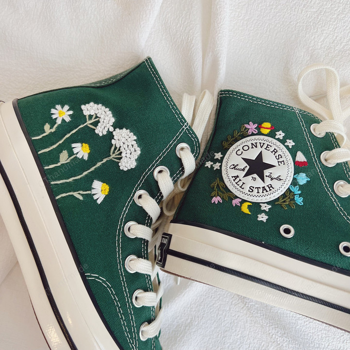 Flower Garden Universe Embroidery Converse Chuck Taylor, Embroidered Universal Flower Converse Shoes, Kawaii Embroidered Converse Custom, Personalized Embroidered Sneakers