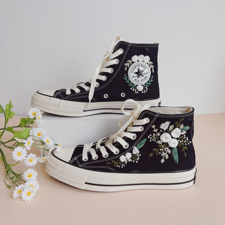 White Flower Rose Embroidery Converse Chuck Taylor, Embroidered Greenery White Flower Wedding Flower Converse Shoes, Embroidered Converse Custom, Personalized Embroidered Sneakers