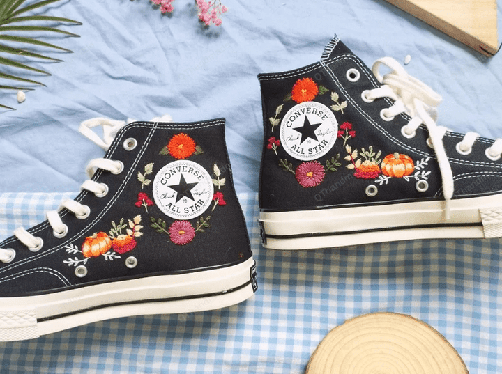Shoes Embroidered With Wedding Flowers And Pumpkins Embroidered Converse Shoes Gift For Halloween