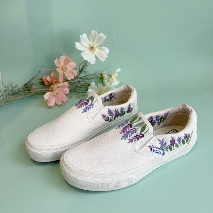 Lavenders Embroidery Vans Shoes Custom Lavender Floral Embroidery Canvas Shoes