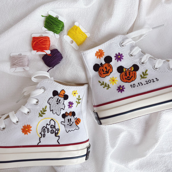 Custom Hand Embroidery Converse High Top 1970s Pumpkin and Ghost Embroidery Shoes Personalized Gift For Her Converse High Top Halloween Gift