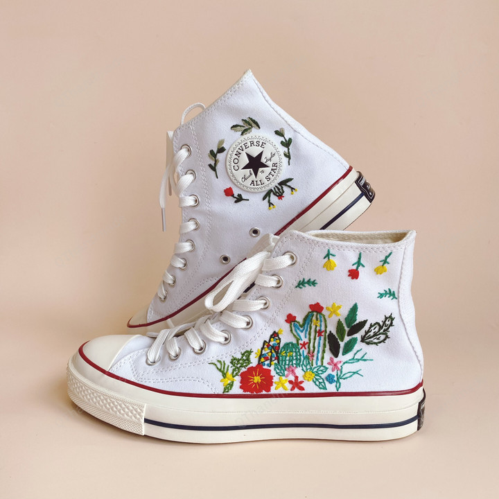 Cactus Floral Chuck Taylor 1970s - Flowers Embroidered Converse - Flower Embroidery Shoes, Personalized Converse High Neck Floral Gift