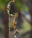 Green Fairy Moon Suncatcher, Witchy Window Decor, Mystical Decor, Mini Crystal Hanging Suncatcher