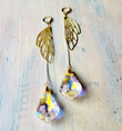 Rainbow Gold Boho Dangle Teadrop Earrings, Goddess Crescent Moon Crystal Earrings, Long Chain Crystal Drop Earrings, Witchcraft Jewelry