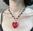 Grunge Rock Red Heart Pendant Necklace Punk Aesthetic DIY Black Pearl Necklace Women Goth Accessories Egirl Jewellery Sexy Cool