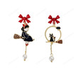 Needle Bow Cartoon Cute Cat Girl Enamel Broom Pearl Asymmetry Earrings for Women/Fairy Cottagecore Jewelry Accessories/Cosplay Costume