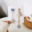 Blue Flower Dangle Earrings Cat Cherry Blossoms Asymmetrical Earring Kitten Jewelry/Fairy Cottagecore Jewelry Accessories/Cosplay Costume