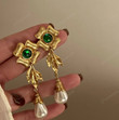 Vintage Metal Gold Flower Drop Earrings For Women Green Crystal Pendientes Party Jewelry Gifts,Fairy Cottagecore Jewelry Accessories