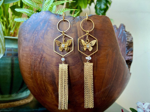 The gold plated Long Geometric butterfly earrings,Celestial Witchy Metaphysical Jewelry/Celestial Earrings,Waterfall Earrings,Witchy Earrings,Boho earrings/Witchy statement earrings