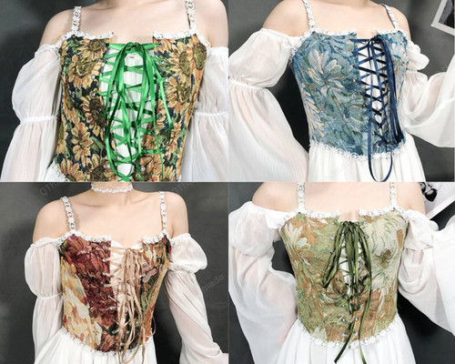 French Style Floral Pattern Tie-up Tank Top Women Corset Bustier Vintage Hollow Bandage Camisole Slimming Shapewear Dress Girdle