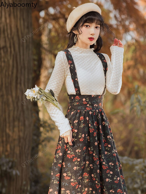 Dark Academia Clothing/Mori Girl Women Dress/Long-Sleeved Lace Top Suspenders Floral Long Corduroy Lace Ruffles Skirt Elegant Feminine Suit